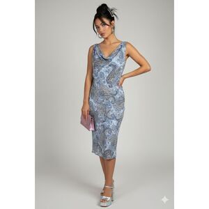 VTG Y2K Faith Love & Passion Blue Paisley Cowl Neck Sleeveless Midi Dress Sz 8